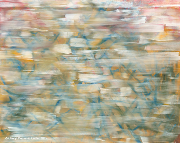 Abstract painting with blurred horizontal bands in hues of blue, beige, and red.