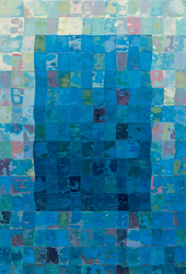 Abstract art with blue and green squares arranged in a vertical pattern.