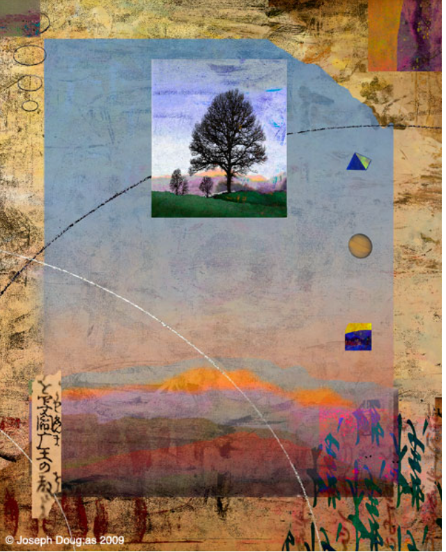 Abstract art with tree in a landscape. Layers of blue, gold, and pink with geometric shapes and Japanese text.