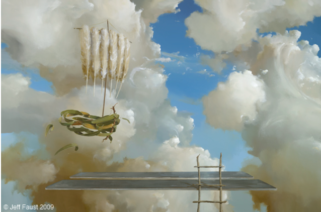 Surreal scene: flying basket with cloud-like sails floats above a platform with a ladder in a cloudy sky.
