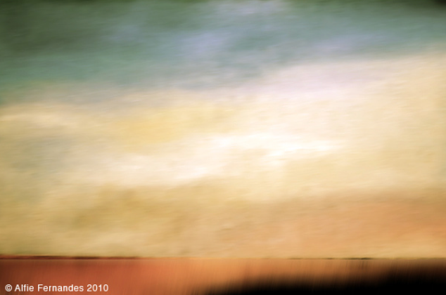 Abstract landscape painting with muted blues, yellows, and oranges; horizon line.