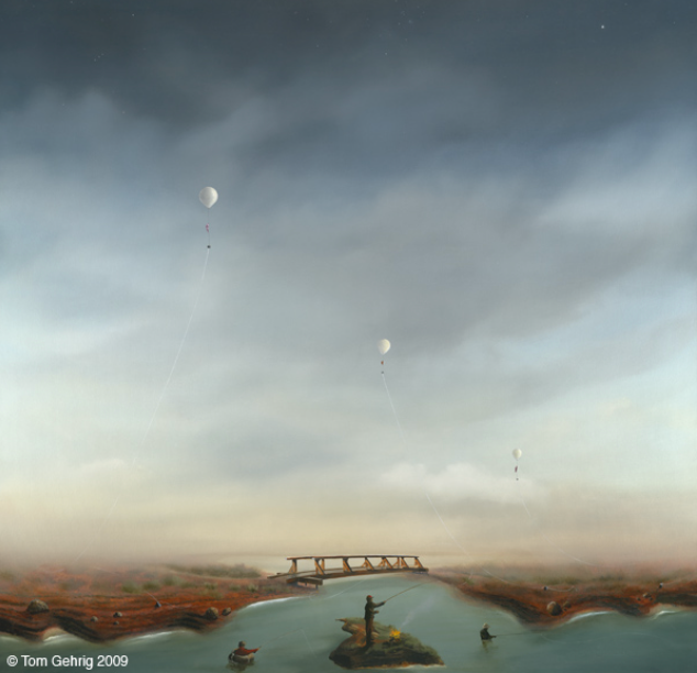 Fishing scene: river, bridge, several small boats, distant balloons in gray sky.