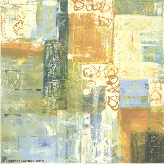 Abstract painting with layered blocks of muted blues, greens, and ochre with scribbled details.