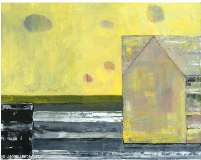 Abstract painting of a yellow sky, a house, and horizontal gray and black shapes.