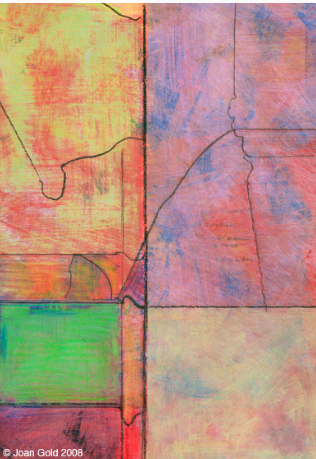 Abstract art with colorful rectangles and curving black lines.