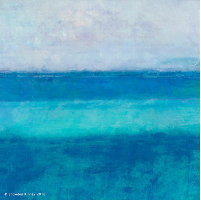 Blue abstract painting of sea and sky. Varying shades of blue and white create a serene scene.