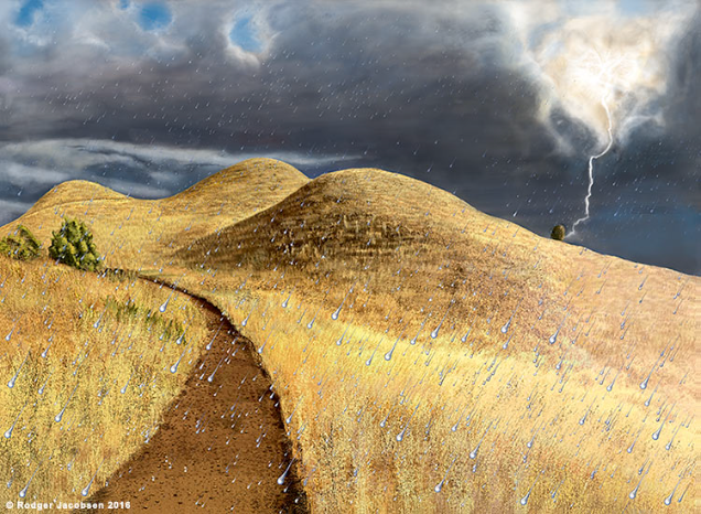 Rolling brown hills with path, storm overhead with lightning and rain.