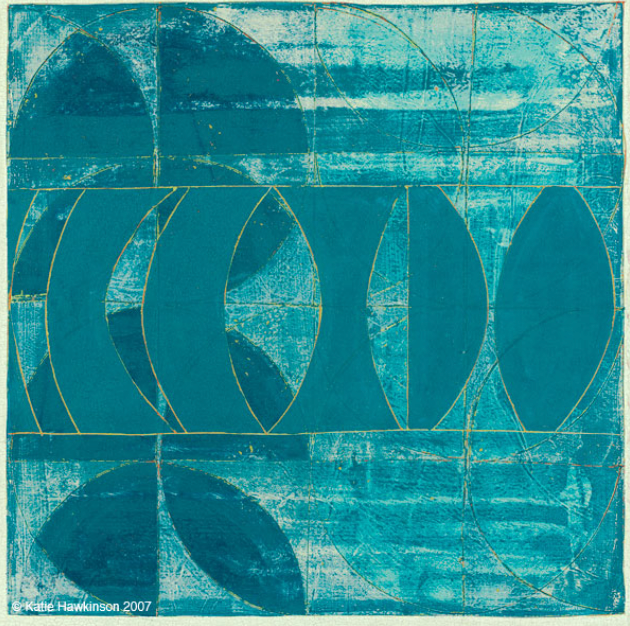 Abstract teal and turquoise artwork with segmented shapes and gold lines.