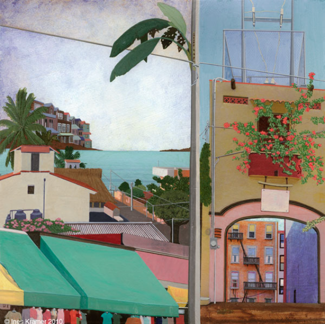 View of a seaside town with a market, buildings, and a glimpse of the ocean.