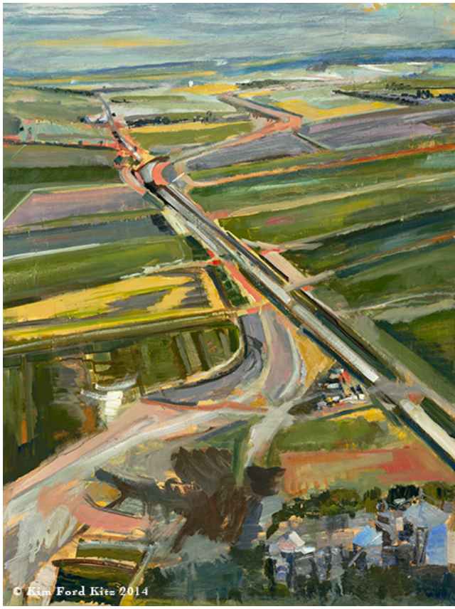 Aerial view oil painting of a highway curving through green and tan farmlands under a cloudy sky.