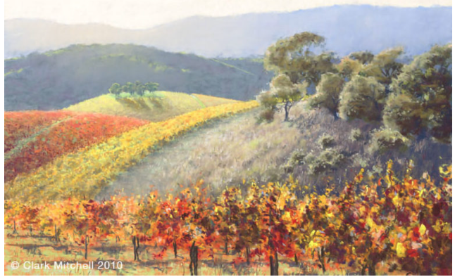Vineyard hillside with rows of colorful autumn foliage, rolling hills and trees under a hazy sky.