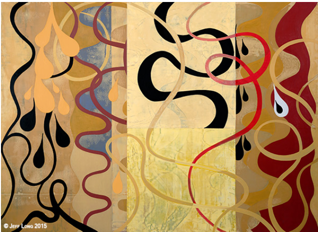 Abstract painting with gold, black, red, and beige curved lines on a layered background.