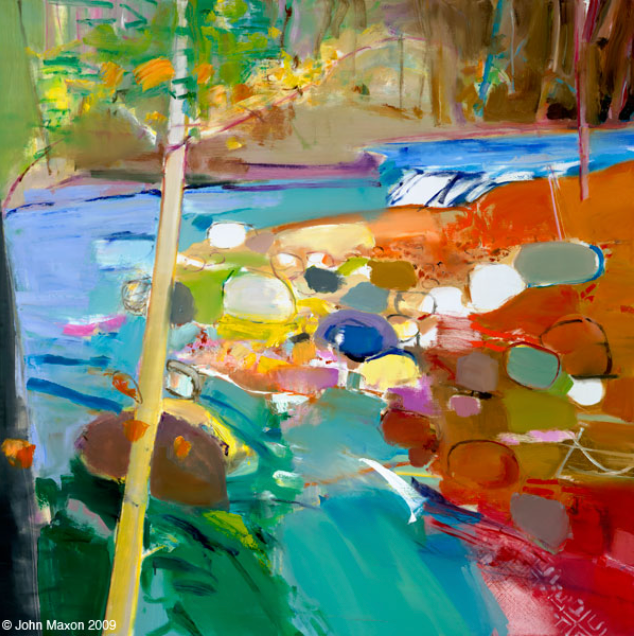 Abstract landscape painting with yellow tree, blue water, and colorful rocks.