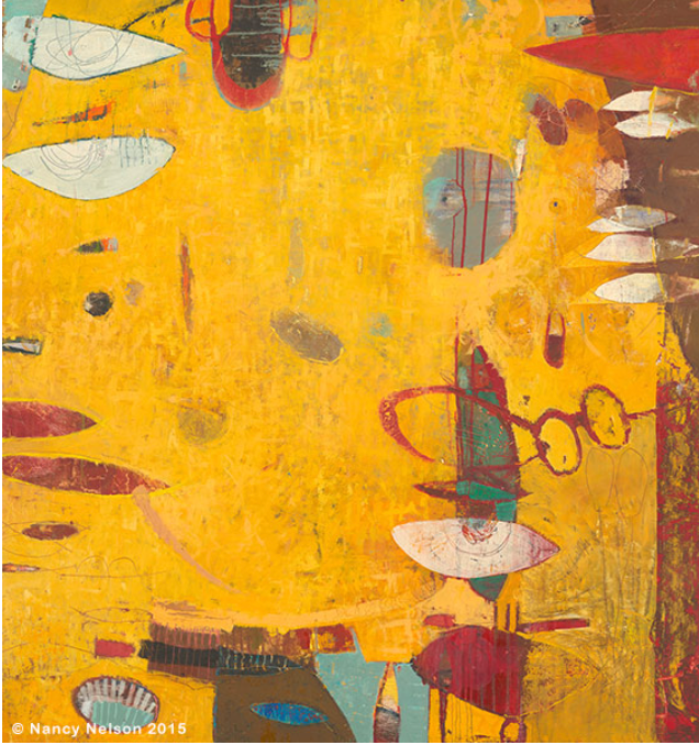 Abstract yellow painting with various shapes, including red, white, and brown elements.