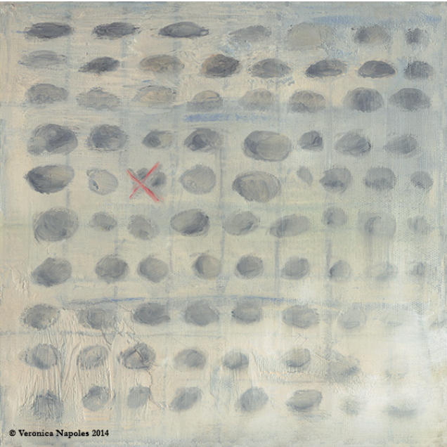 Abstract artwork of grey shapes in a grid, with a red X.