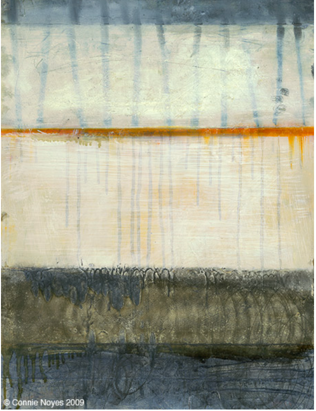 Abstract art with horizontal bands and vertical drips in muted tones of cream, orange, and gray.