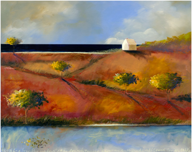 A pastel painting of a white house on a red hill, with trees and a blue body of water.