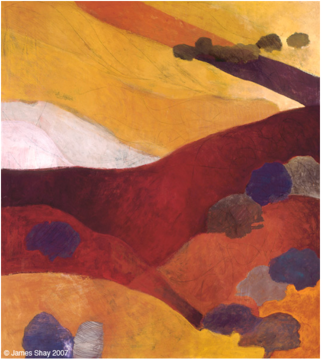Abstract landscape, ochre, red, and yellow hills with blue and brown cloud-like shapes.