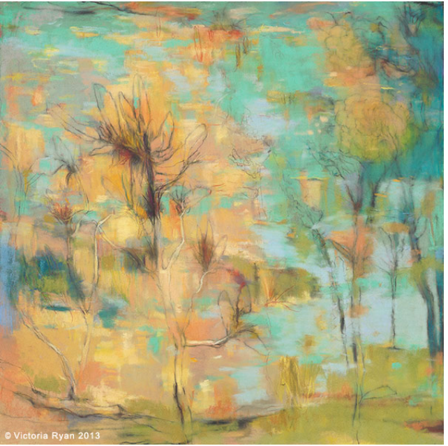 Abstract painting of trees in a hazy, colorful landscape with teal, yellow, and orange hues.