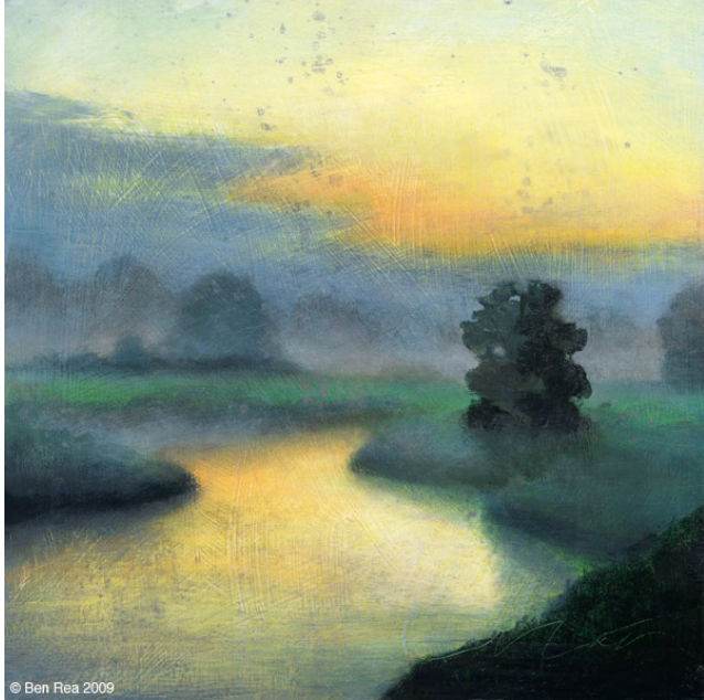 A hazy landscape with a river reflecting the yellow sky. Silhouetted trees and grassy banks.