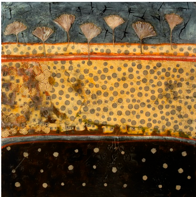 Abstract painting: tan fan-shaped forms above a dotted yellow section, a red line, and a dark speckled bottom.