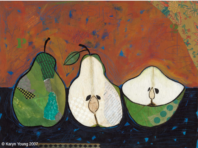 Three collage-style pears, one whole, one sliced, on a dark blue surface, against a textured orange background.