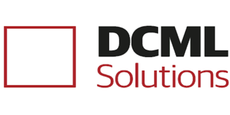 O logotipo da dcml solutions tem um quadrado vermelho no meio.