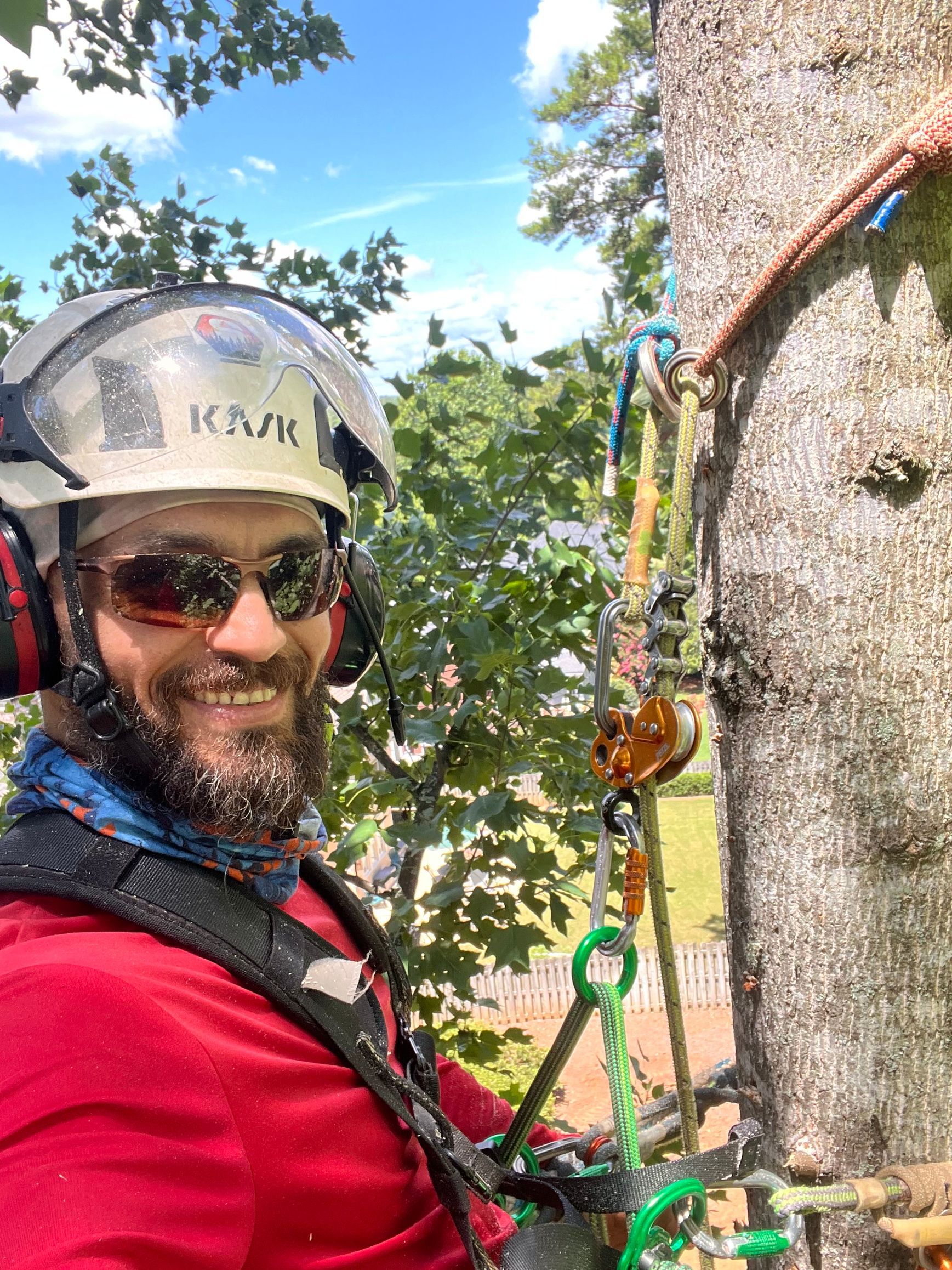 A man wearing a helmet and sunglasses is standing next to a tree.