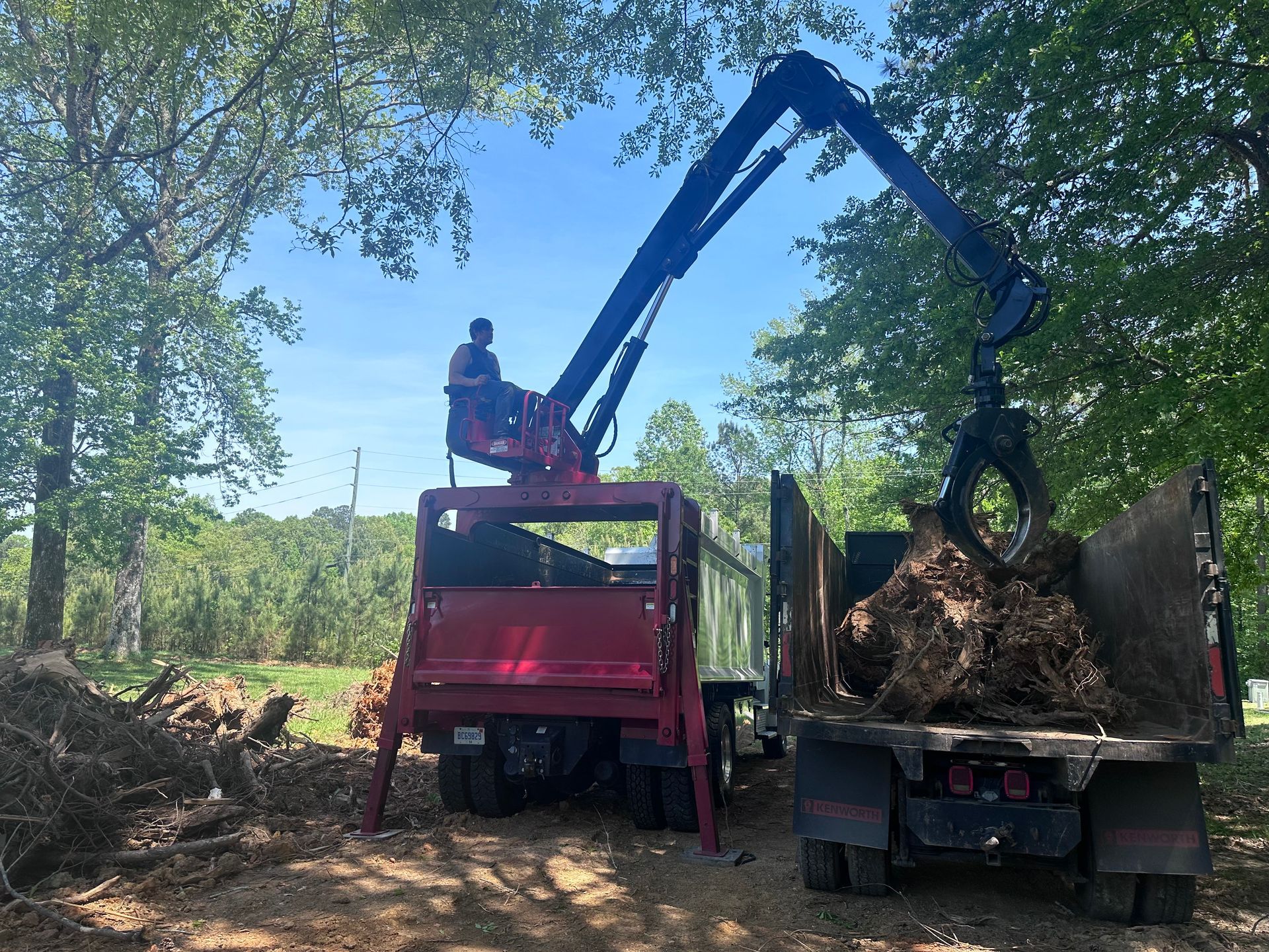 A man in a crane is loading logs into a truck.