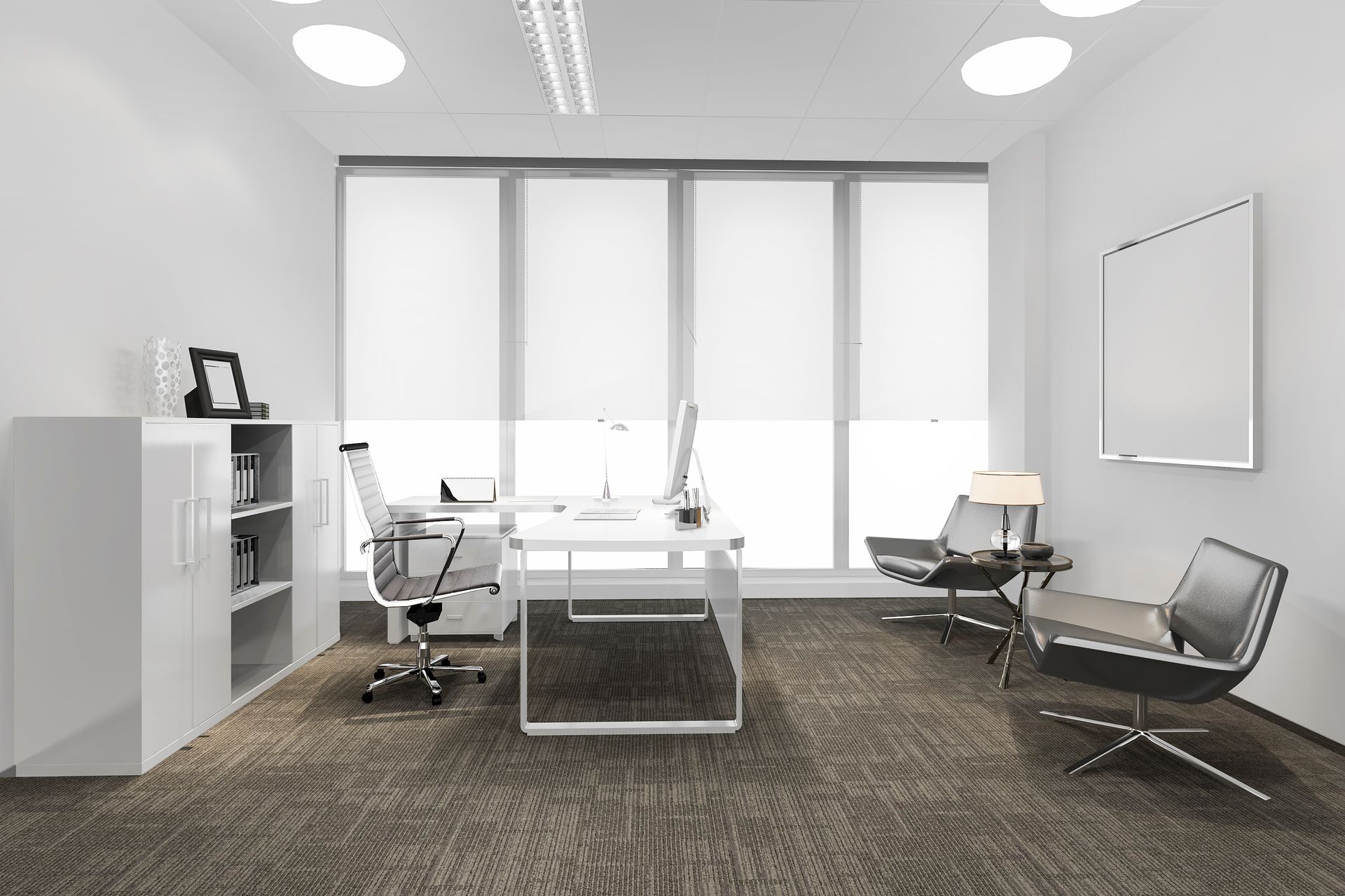 Modern office conference room with glass table, chairs, shelving, and bright windows Modern office conference room with glass table, chairs, shelving, and bright windows