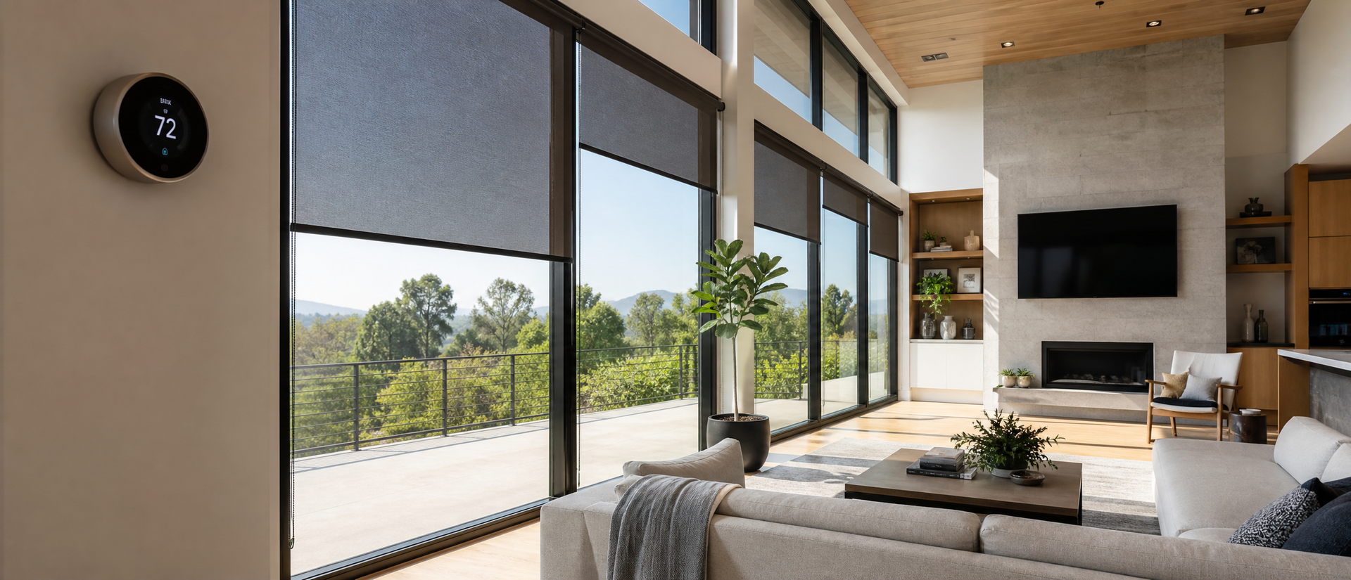 Modern living room with floor-to-ceiling windows, fireplace, wall-mounted TV, and outdoor view