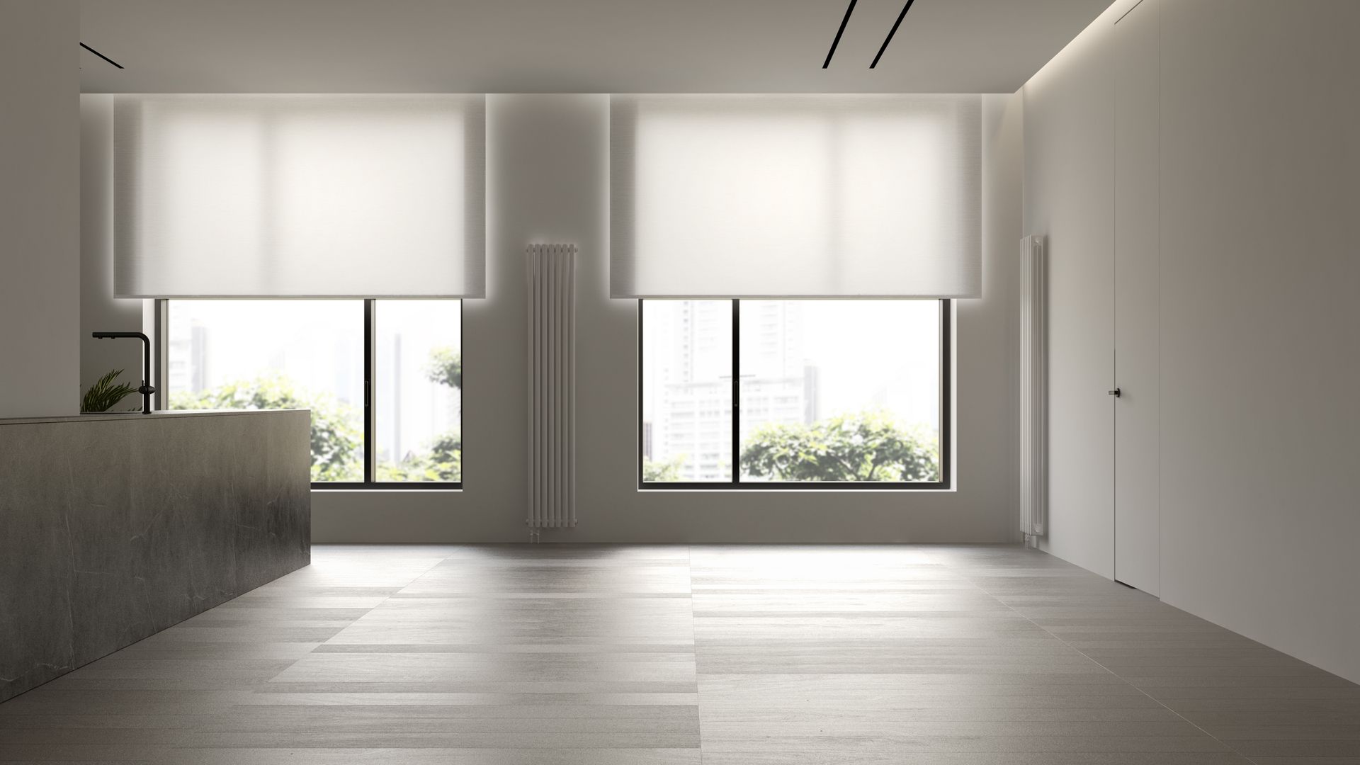 Minimalist empty room with large windows, white blinds, and light wood flooring. Minimalist empty room with large windows, white blinds, and light wood flooring.