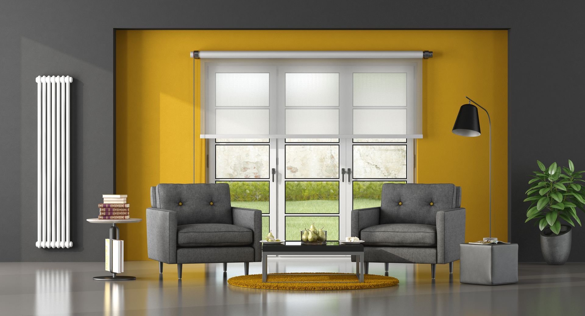 Modern living room with yellow accent wall, gray sofas, large window, coffee table, and floor lamp
