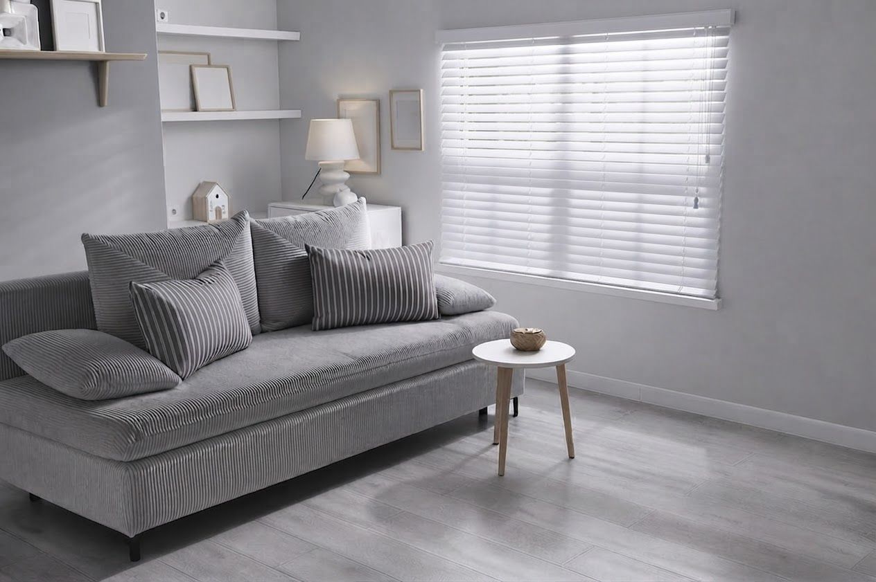 Gray bedroom with a bed, striped pillows, wall shelves, lamp, and window blinds