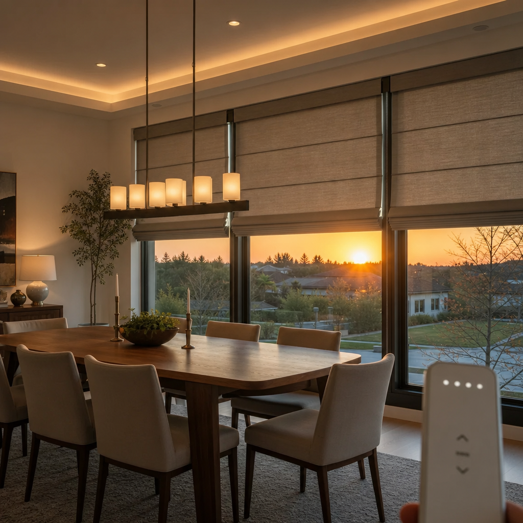 Modern dining room with a wooden table, beige chairs, and sunset view through large windows Modern dining room with a wooden table, beige chairs, and sunset view through large windows