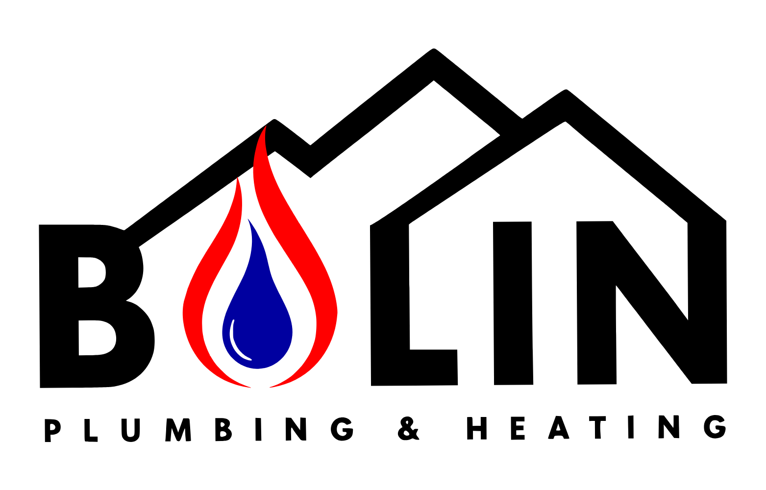 Logo for Bolin Plumbing & Heating with a house outline, flame, and text.