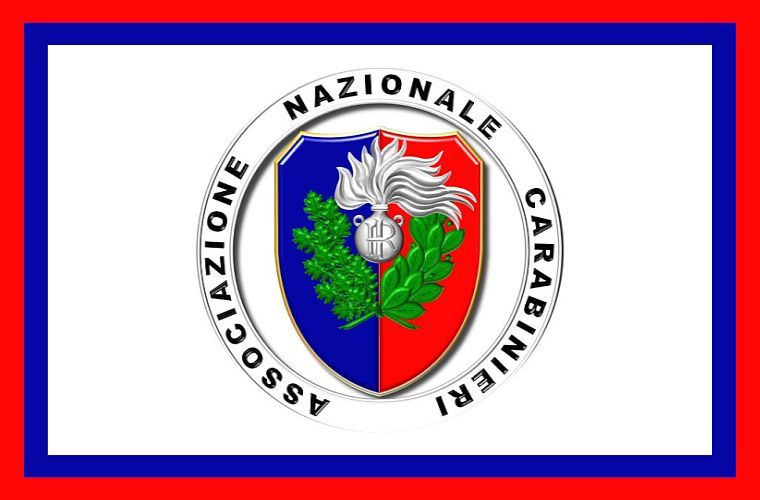 Bandiera dell'Associazione Nazionale Carabinieri, bianca con bordi blu e rossi e stemma centrale.