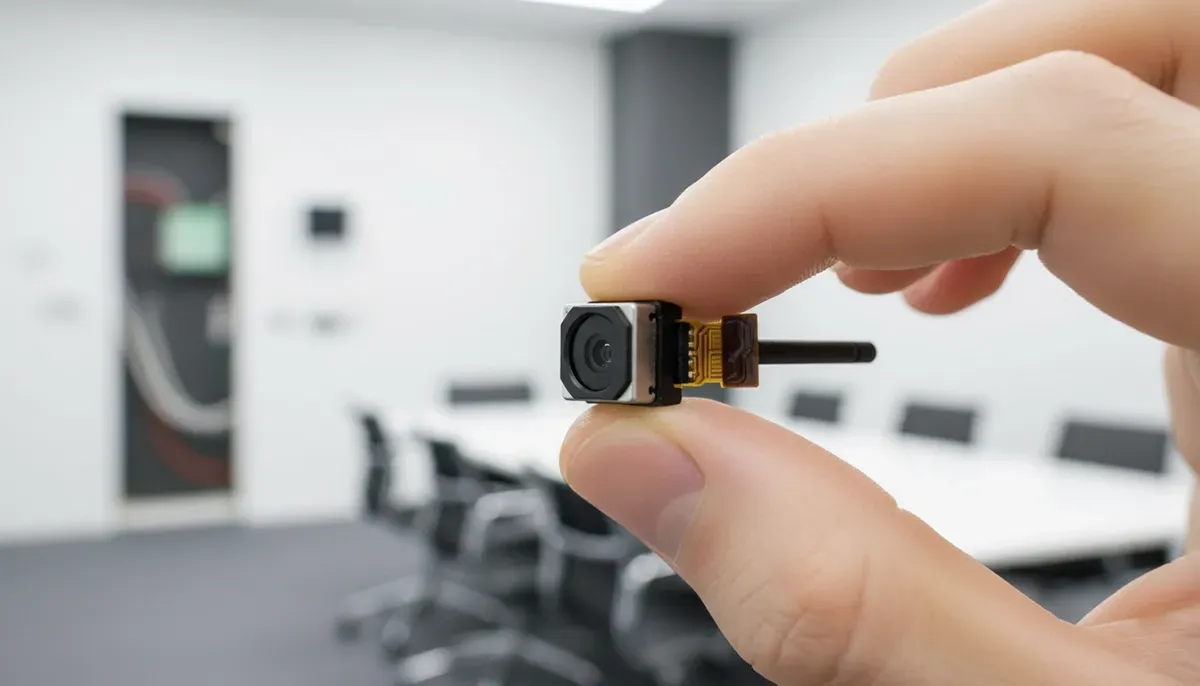 Una minuscola telecamera tenuta tra le dita in un ufficio ben illuminato.