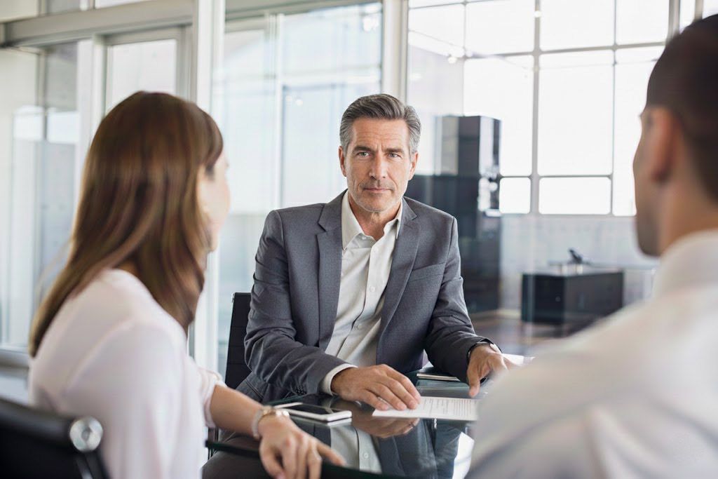 Un uomo in giacca e cravatta gesticola durante una riunione a un tavolo con altre persone.