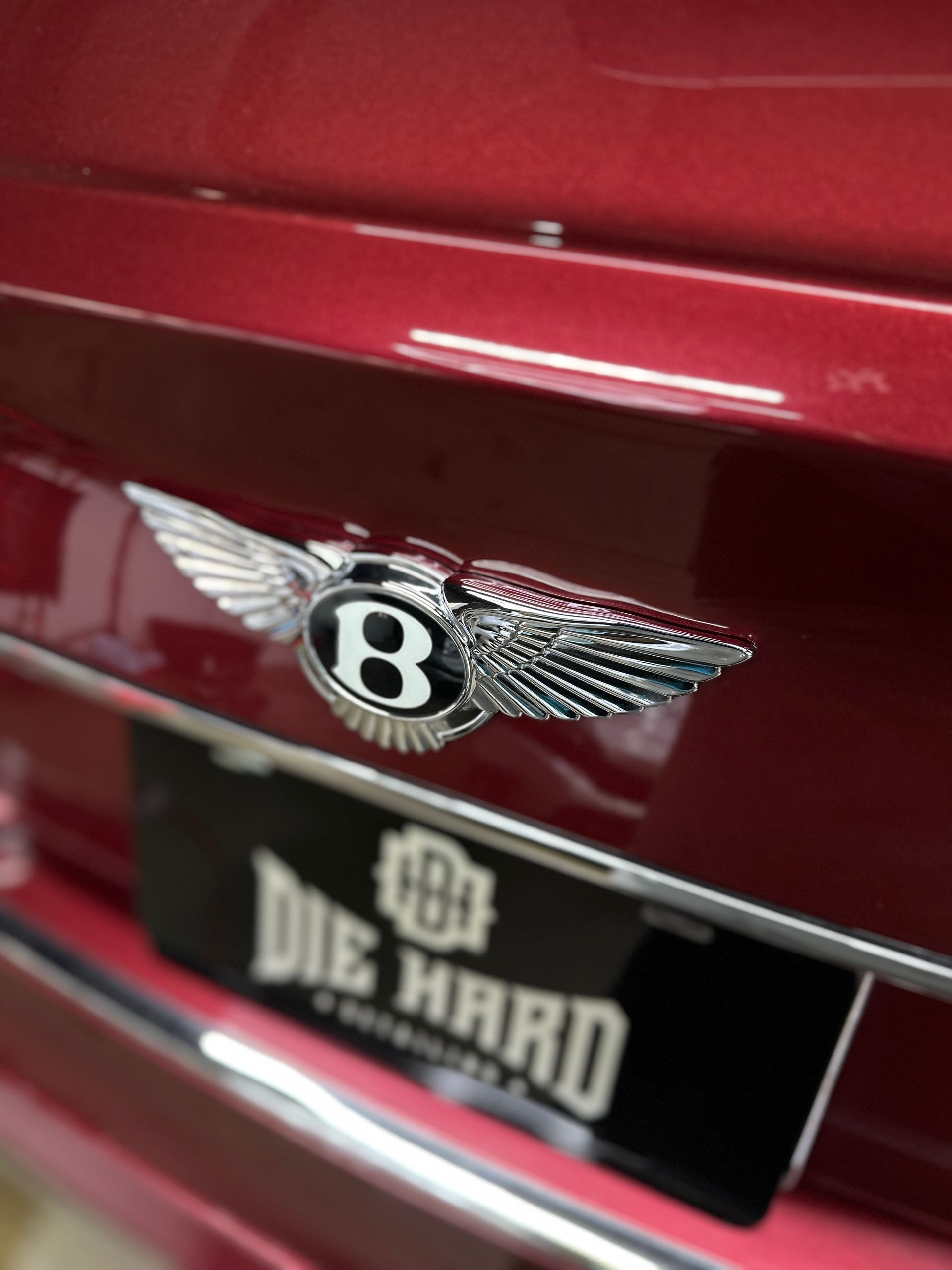 Close-up of a silver Bentley emblem on a glossy, dark red car trunk, positioned above a black license plate frame.