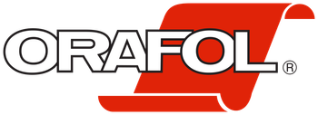 The ORAFOL company logo, featuring black text overlaid on a stylized, red, rolled-sheet graphic.