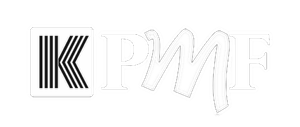 Logo featuring a square icon with vertical black lines forming a 'K' next to the white, stylized letters 'PMF'.