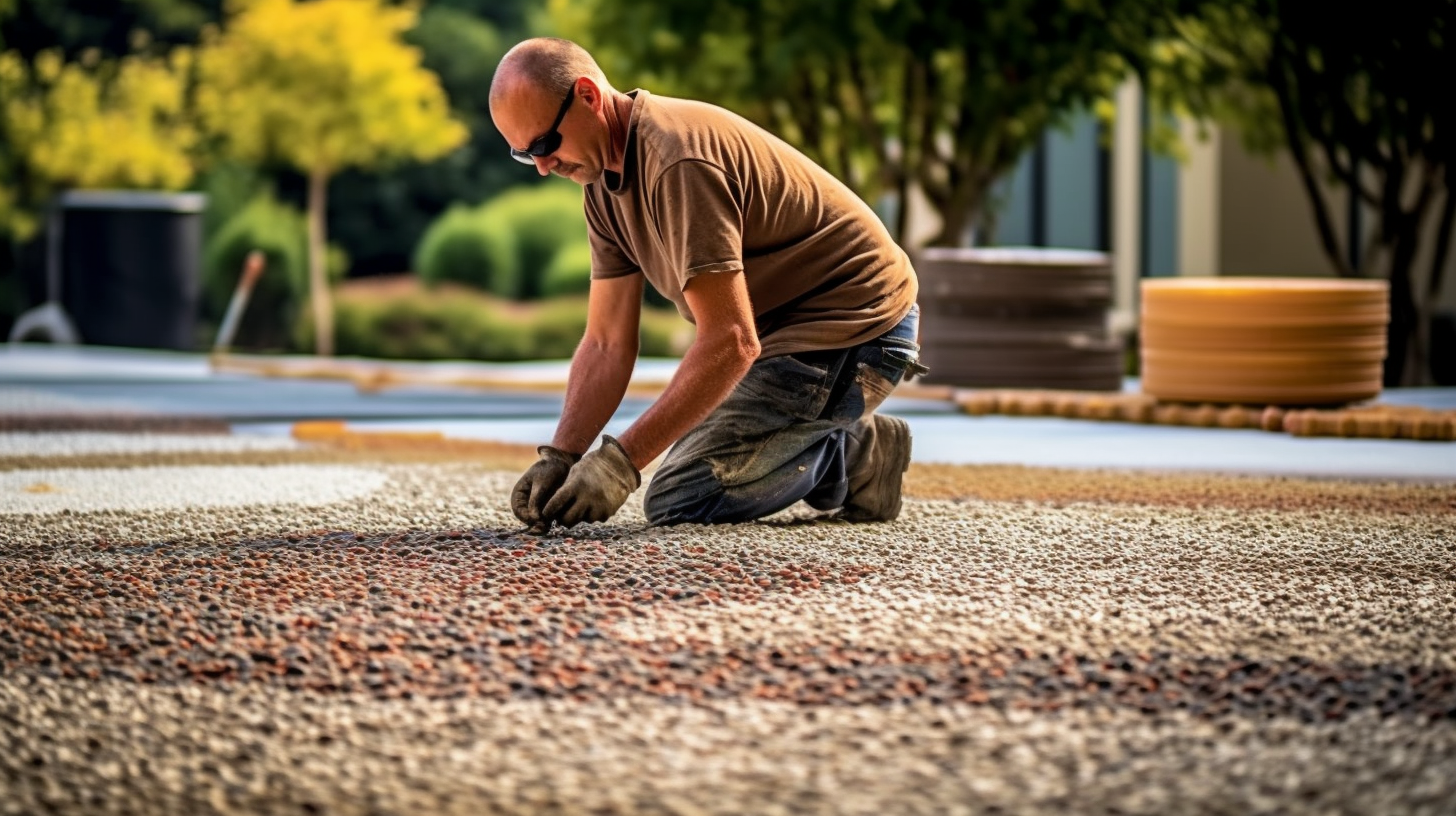 aggregate concrete driveway being finished by a concrete worker
