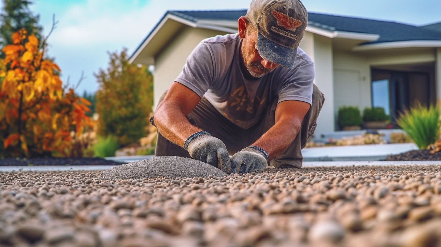 the final steps in a aggregate concrete driveway installation being performed by a concrete worker