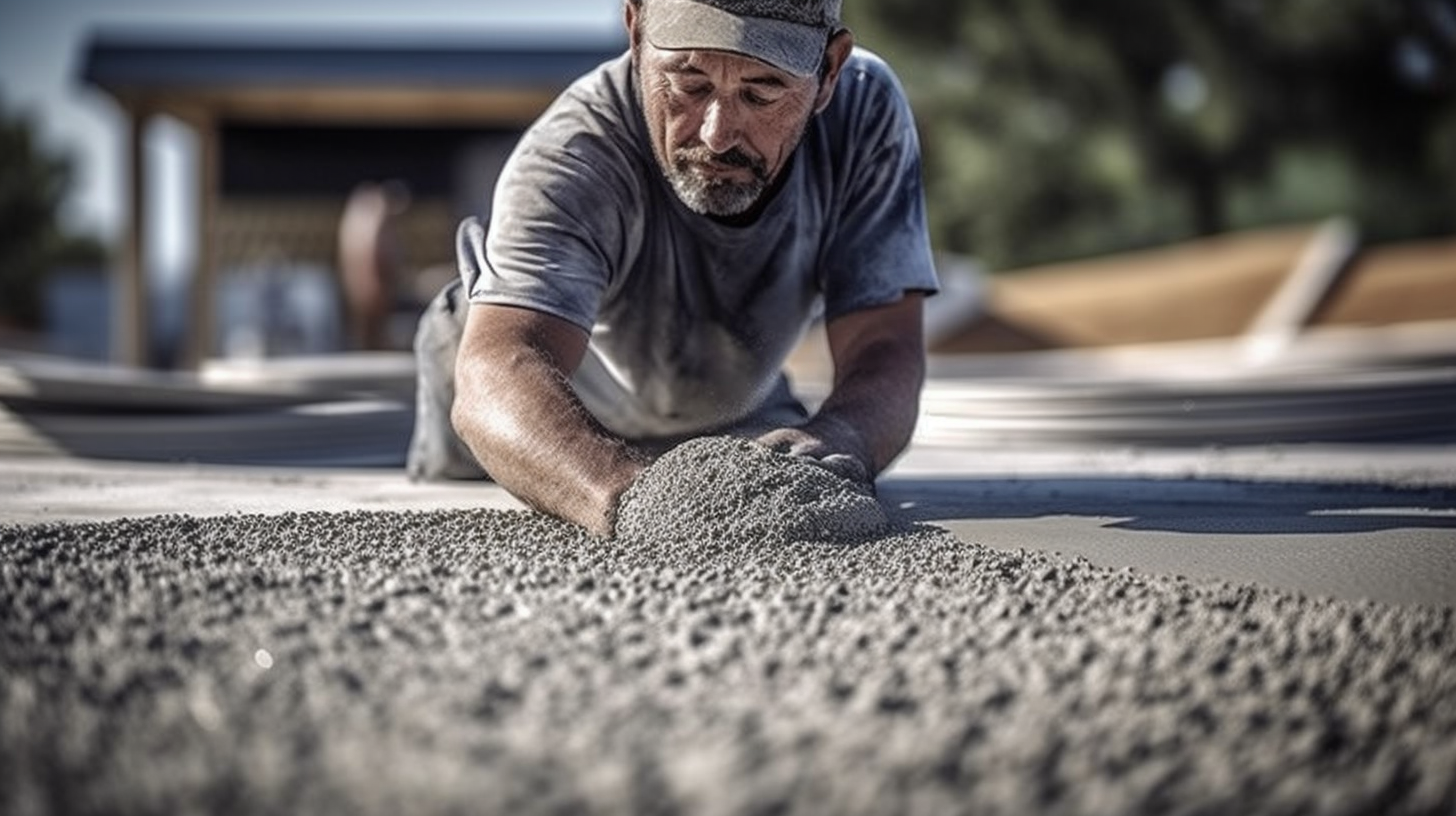 worker finishing a concrete aggregate driveway
