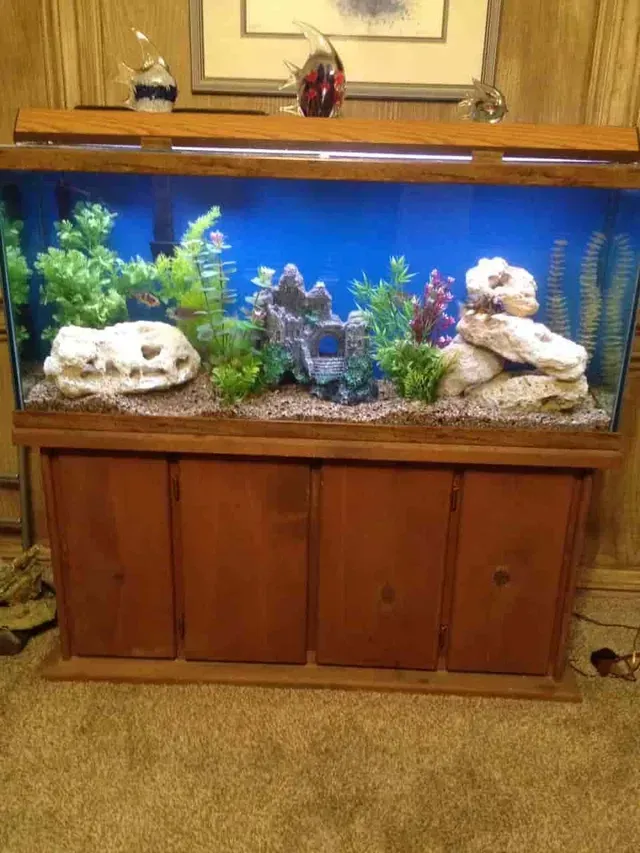 A large fish tank is sitting on top of a wooden cabinet.