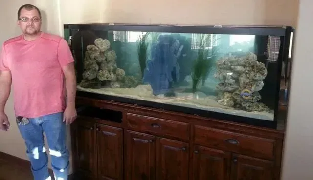 A man is standing in front of a large fish tank.