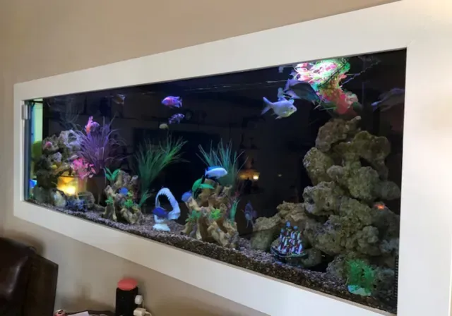 A large fish tank is hanging on a wall in a living room.
