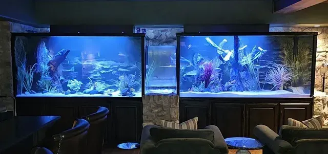 There is a large aquarium in the middle of the room.