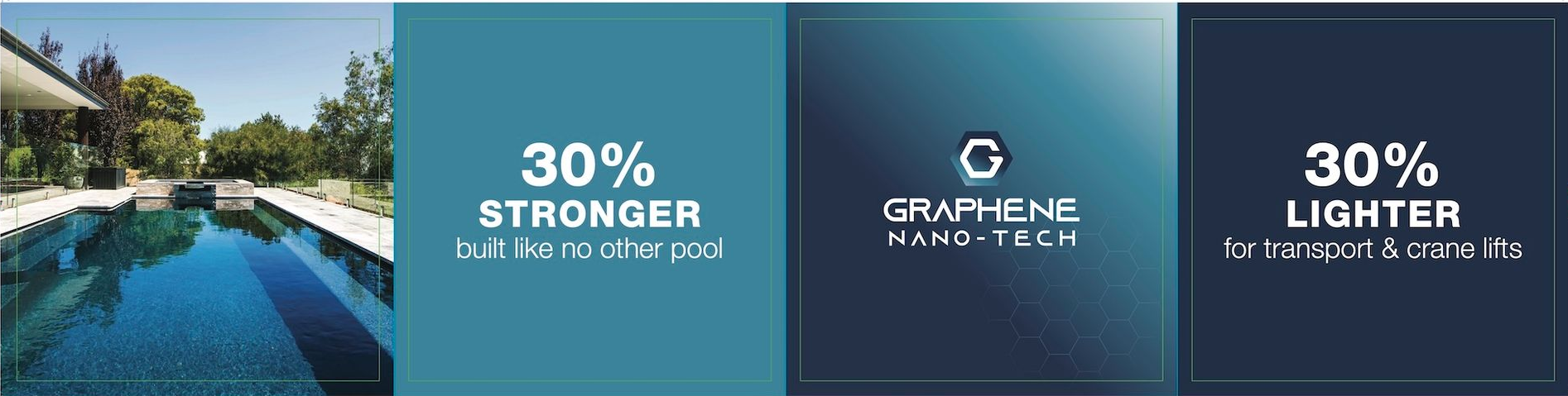 A swimming pool with an adjacent house and a text with 